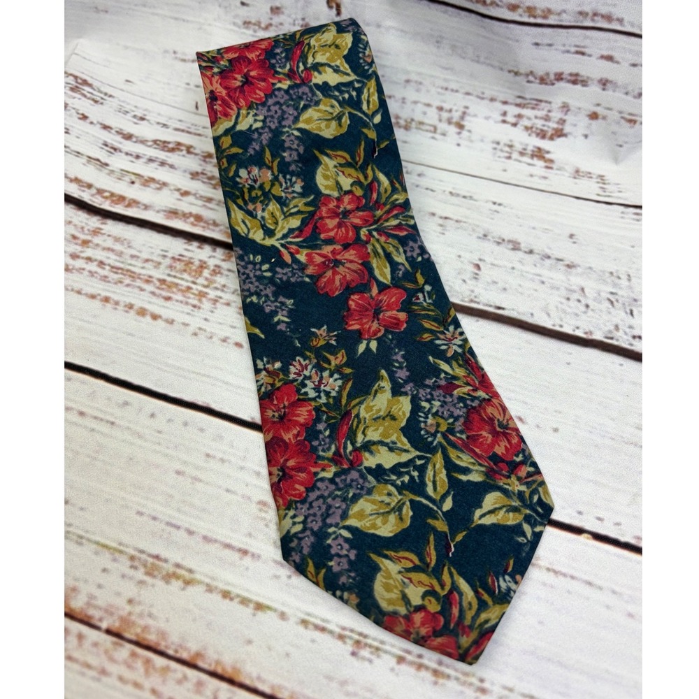 Liberty of London Vintage Floral Cotton Necktie Navy Red Botanical Made in USA